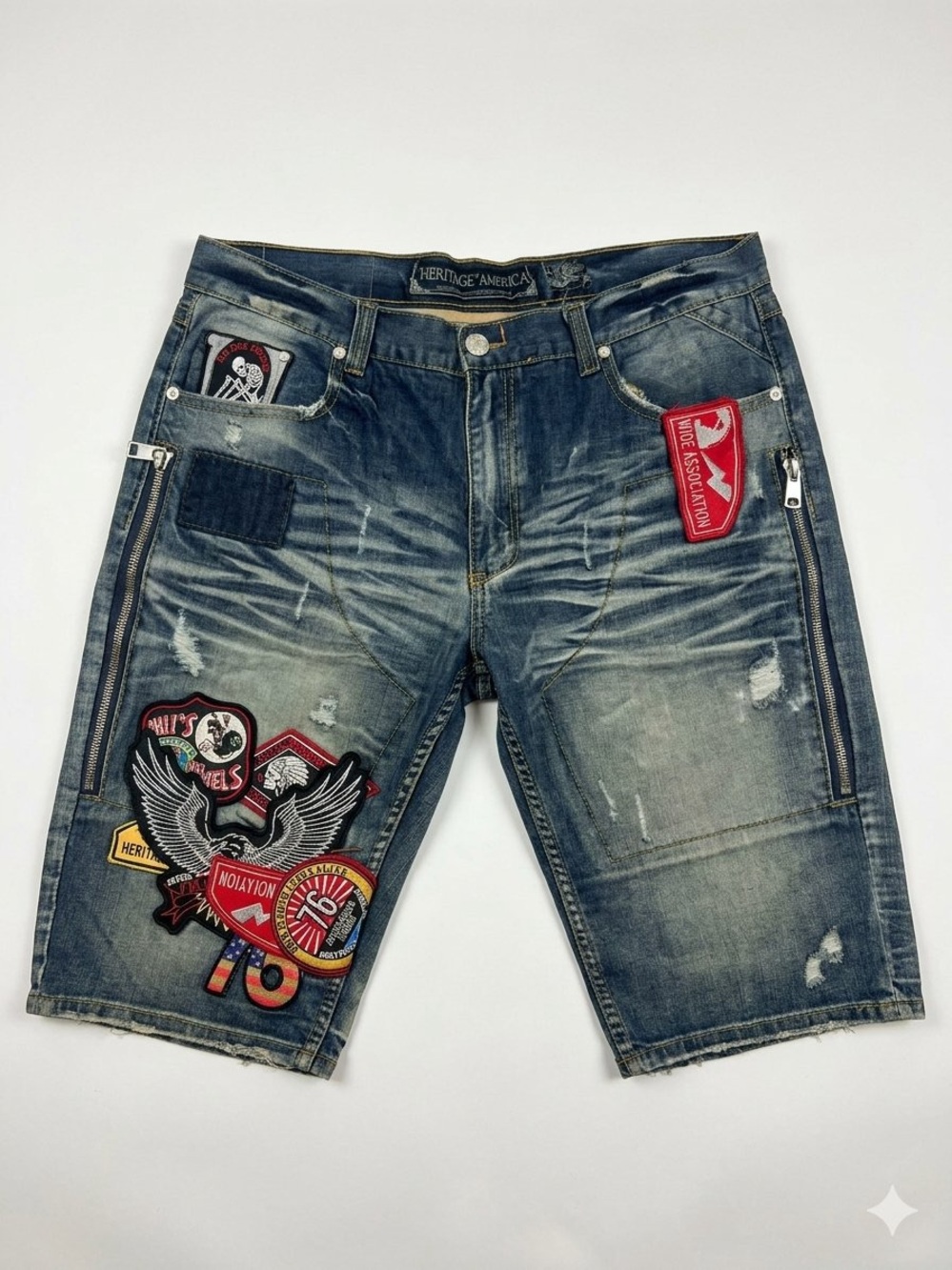 Heritage America Embroidered Distressed Denim Shorts - Blue